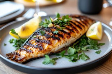 This image showcases a perfectly grilled fish plated beautifully with a garnish of parsley and lemon slices, ideal for gourmet and seafood enthusiasts seeking inspiration.
