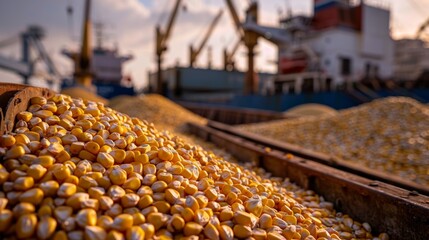 loading corn onto dry cargo ship at the harbor 