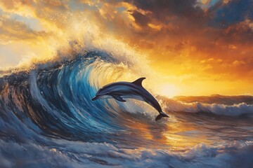 Fototapeta premium Breathtaking scene of nature's beauty with a majestic dolphin leaping from a powerful ocean wave against a stunning golden sunset backdrop