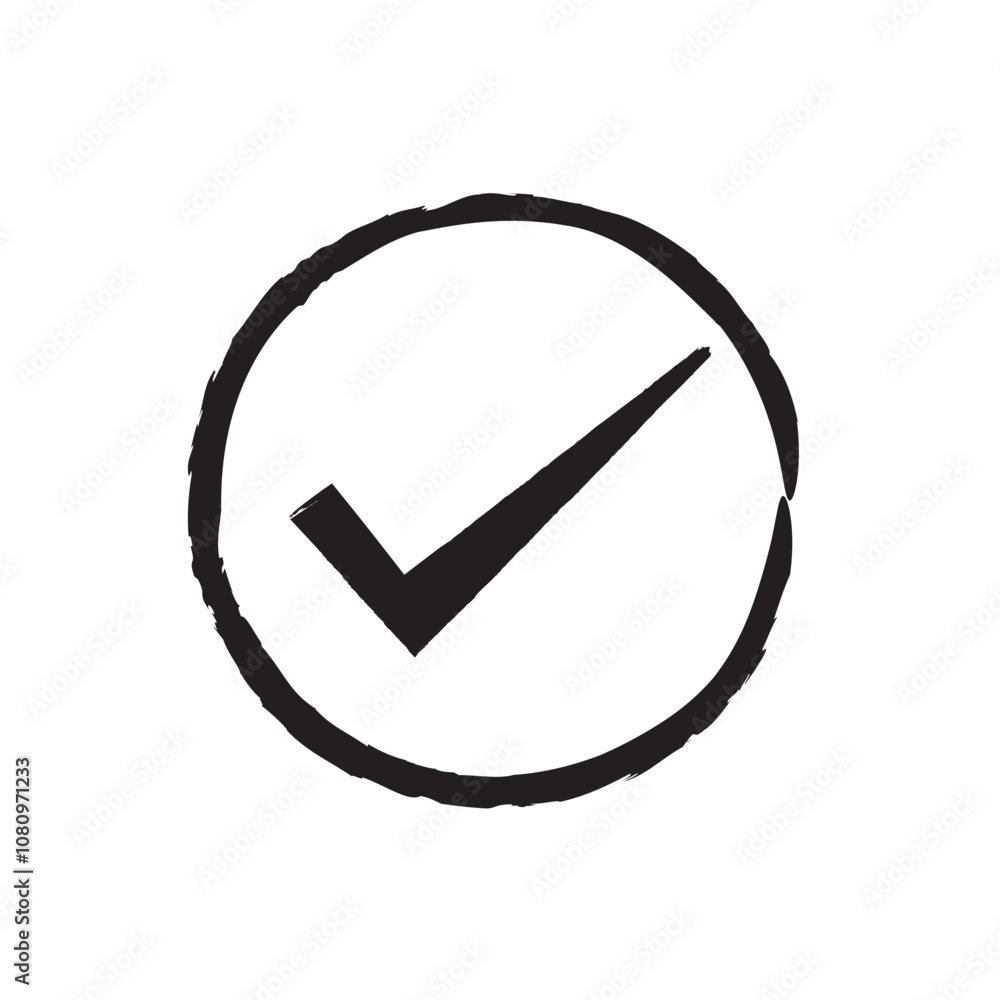 Poster minimalist checkmark icon with circular design in black and white.