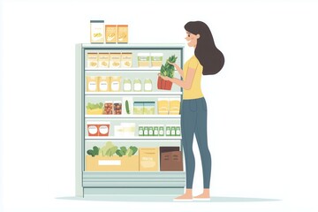 Young woman selecting fresh produce in a modern supermarket, promoting healthy eating habits and mindful consumer choices while grocery shopping
