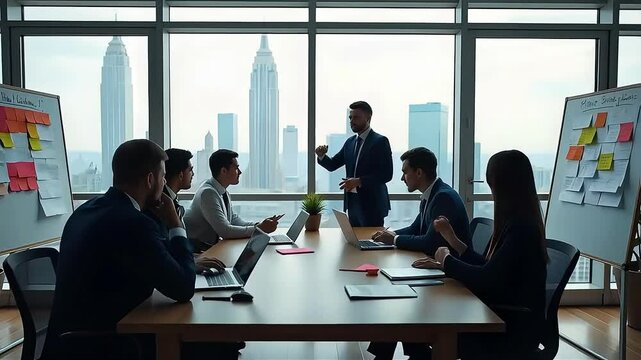 Business meeting with diverse professionals in a modern office overlooking the skyline.