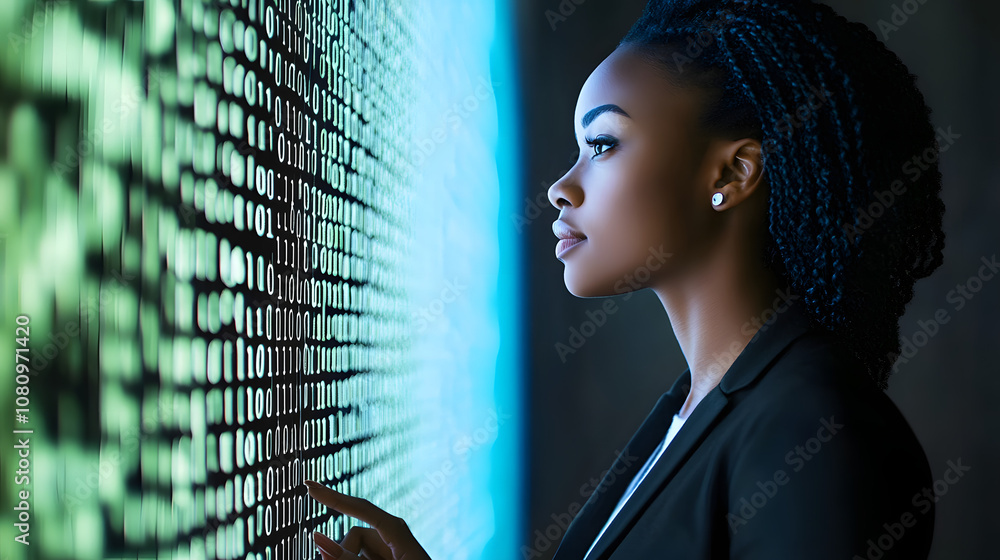 Poster black businesswoman is analyzing a digital wall screen of binary code as data analyst programmer