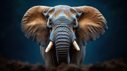 Fototapeta premium A stunning frontal view of a majestic elephant, showcasing its impressive tusks and ears in detail. The dark background highlights the elephant's textures beautifully.