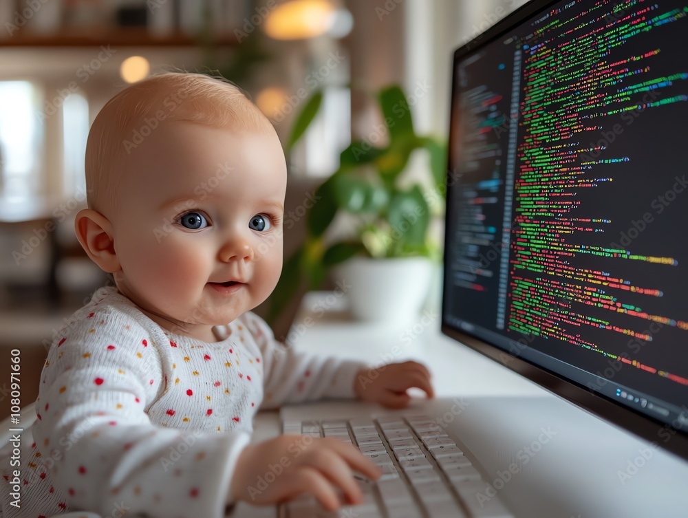 Poster A baby girl is sitting in front of a computer with code on the screen.  She is looking at the camera with a curious expression.