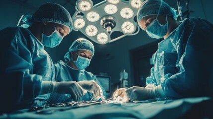 A sterile surgery environment with doctors in masks and gloves, performing a complex procedure