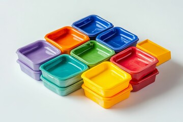Colorful square containers stacked on white surface.