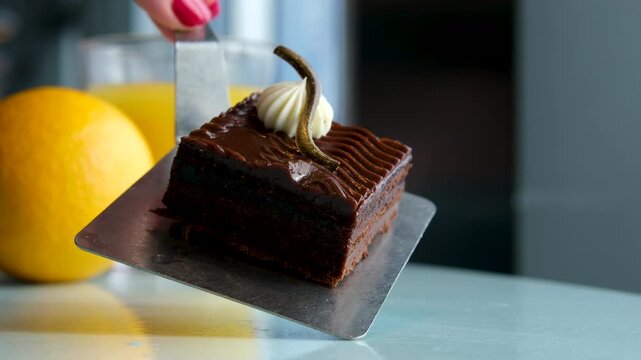 chocolate cake with orange Cutting a chocolate cheesecake with a knife sliced orange