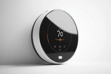 A round digital thermostat on a white wall.