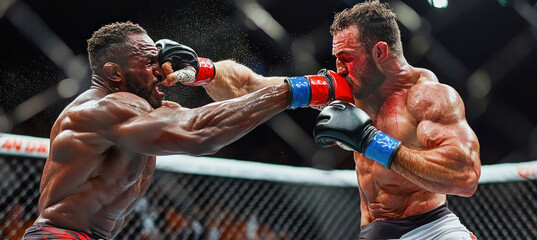 Mma fighters exchanging powerful punches during intense match