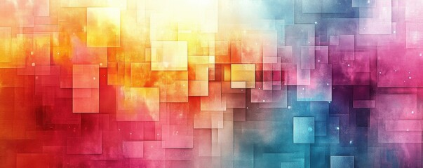 Abstract design featuring colorful squares arranged in a dynamic grid pattern.