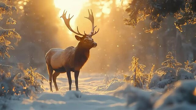 Majestic elk standing in a winter forest at sunset, surrounded by sparkling snowflakes.