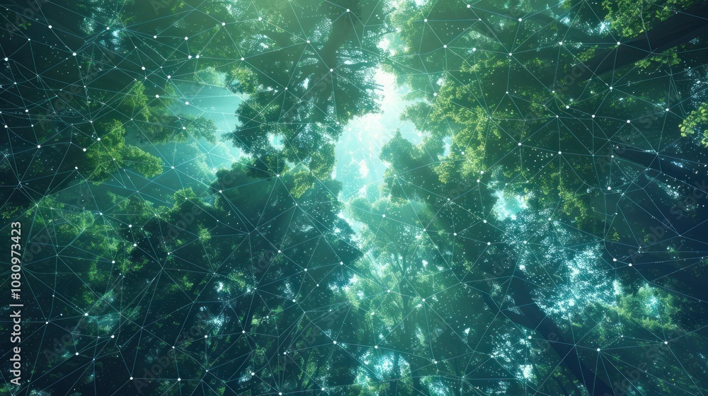 Poster a low angle view of a forest canopy with sunlight shining through the leaves. a network of lines and