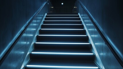 Modern Staircase with Blue LED Lighting, Futuristic Interior Design, Illuminated Steps in Minimalist Style, Urban Building Entrance
