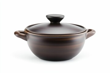 Brown ceramic pot with lid and handles.