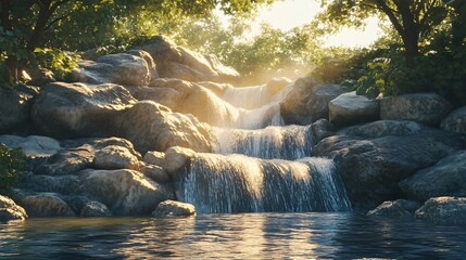 Fototapeta premium Tranquil Waterfall and River in a Lush Forest at Sunset