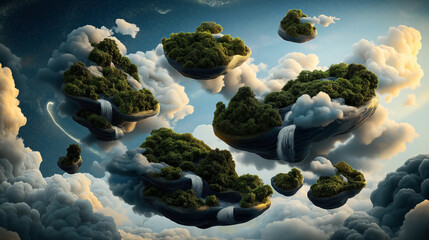 Surreal landscape of floating islands covered in lush green forests and cascading waterfalls, surrounded by fluffy clouds against a starry sky