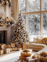 Snowy Christmas tree with golden decorations near a cozy fireplace, surrounded by gifts and decorations in a winter interior with large windows and daylight