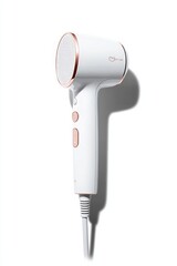 Fototapeta premium White hairdryer with black cord on white background.