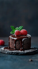 Chocolate sponge cake with berries, chocolate lava cake with raspberries