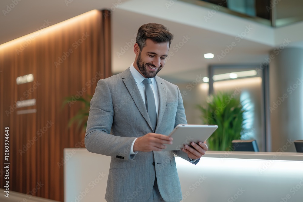 Poster a professional businessman is using a tablet in a modern office environment, showcasing the integrat