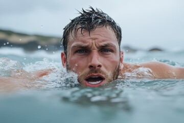 A man faces the powerful ocean currents head-on, his focused gaze embodying a sense of resilience and determination amidst the vast and challenging sea conditions.