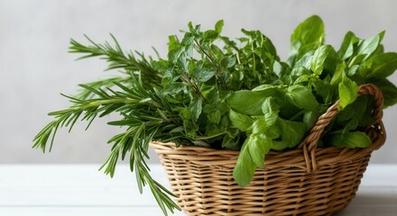 Naklejka premium Fresh herbs in wicker basket on kitchen counter