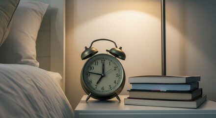 Cozy evening reading time with vintage alarm clock books