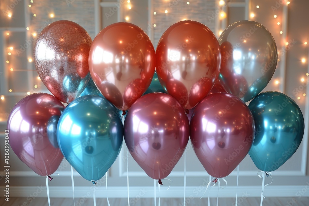 Poster shiny metallic balloons in various colors with string ribbons