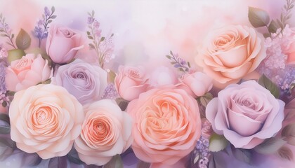 Obraz premium Romantic Pastel Rose Bouquet. Dreamy Valentine's Day Floral Background for Love Cards, Invitations, and Festive Designs with Soft Petals, Bokeh Lights, and Ethereal Spring Colors