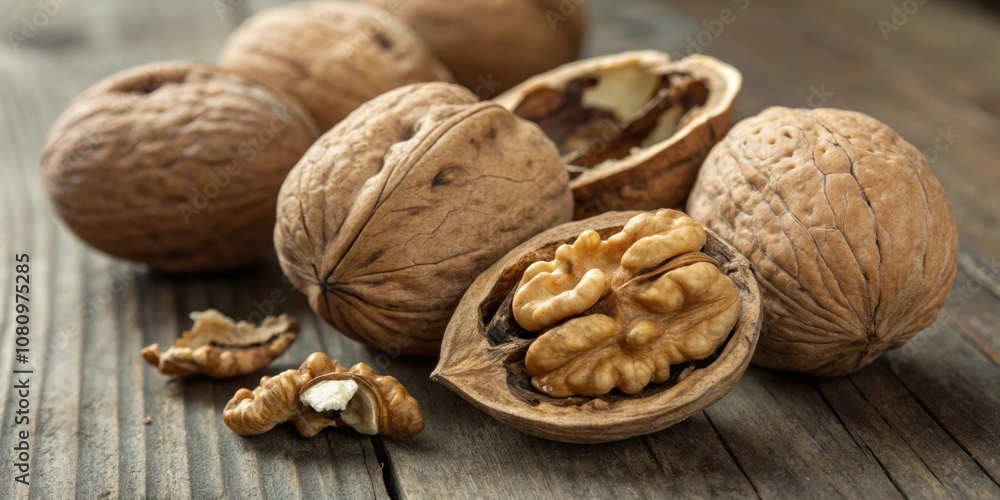 Poster A of whole walnuts their textured shells partially cracked open revealing the beautiful intricate patterns of the light brown nut inside.