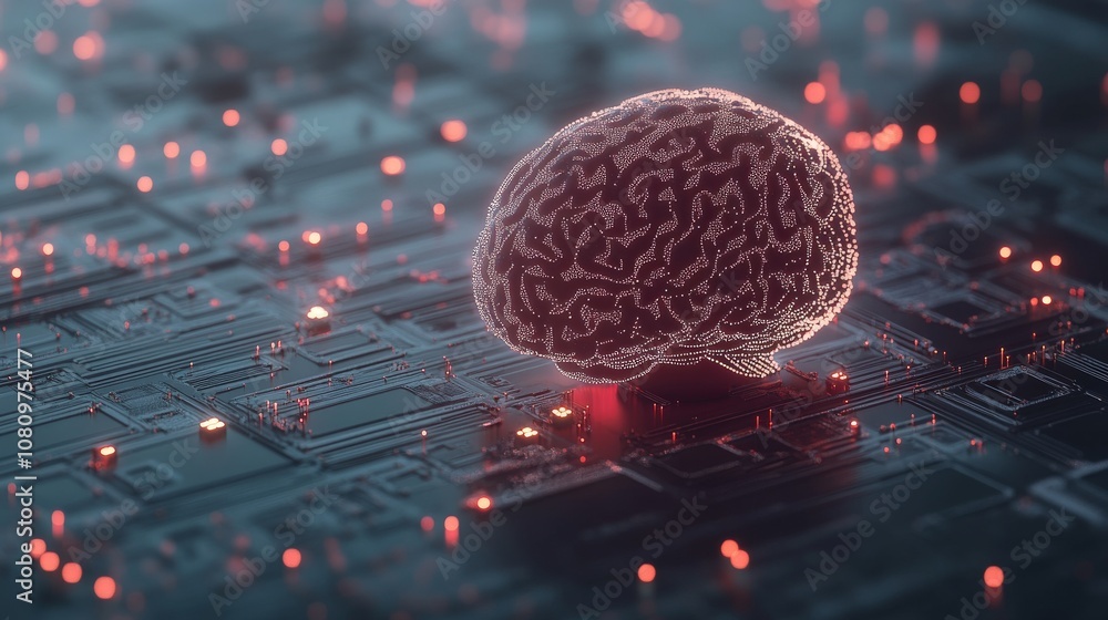 Aufkleber Digital Brain Concept Representing Artificial Intelligence and Neural Networks on Futuristic Circuit Board Background with Glowing Elements