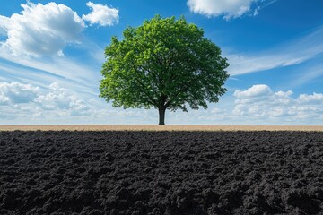 Obraz premium Single Tree Standing Tall Against a Cloudy Sky Over Plowed Field