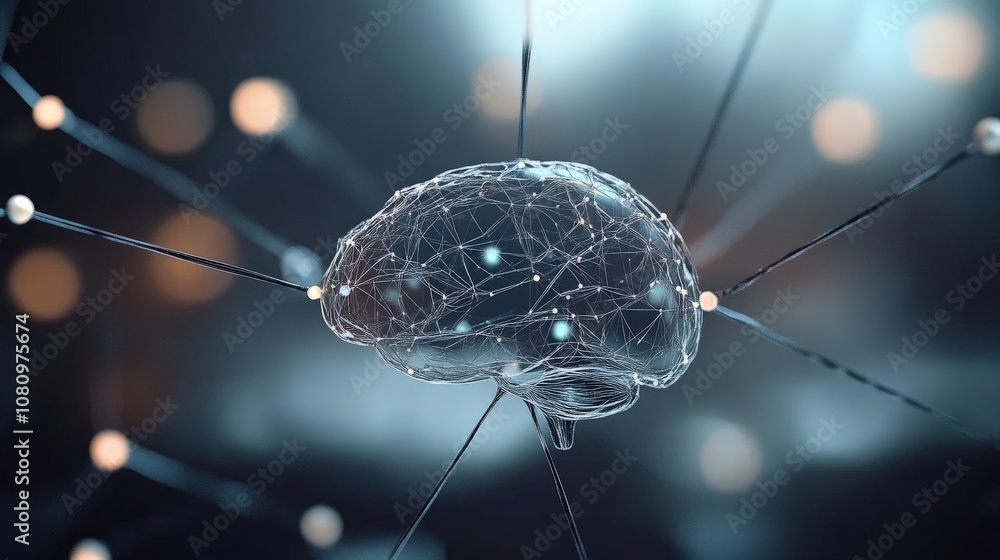 Aufkleber Abstract representation of a human brain with neuron connections and glowing nodes, showcasing concepts of cognition, intelligence, and neural networks in technology and science.
