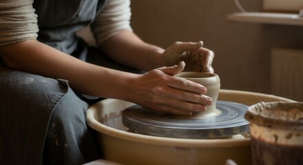 Artisan molding clay on pottery wheel in workshop