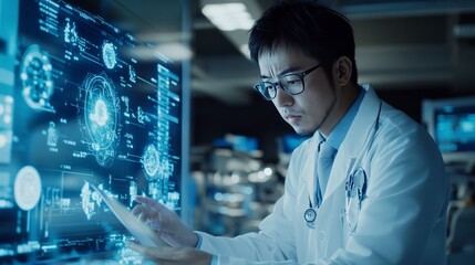 An Asian male doctor analyzing a dynamic hologram of medical statistics, surrounded by advanced medical equipment in a clinical setting 