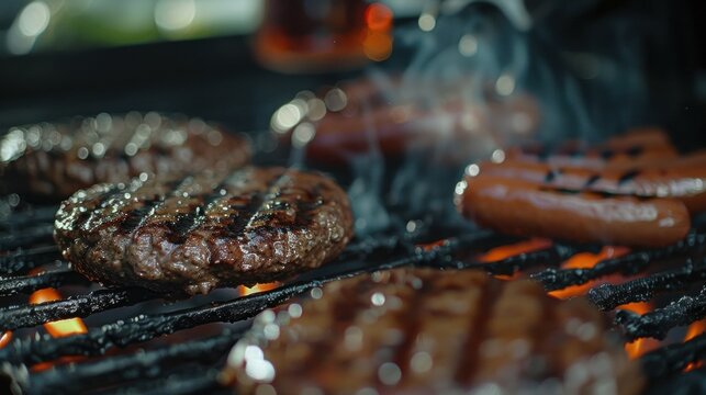 The grill master expertly flips burgers and hot dogs occasionally taking a sip of a cold soda between flipping.