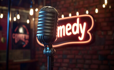 Microphone on stage with a neon comedy sign in the background.