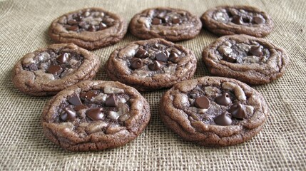 Obraz premium Soft, chewy chocolate cookies with bits of chocolate scattered on a burlap cloth, creating a rustic, home-baked feel