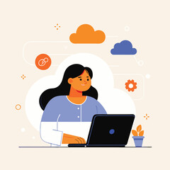 a woman focused on her laptop with a cloud (6).eps