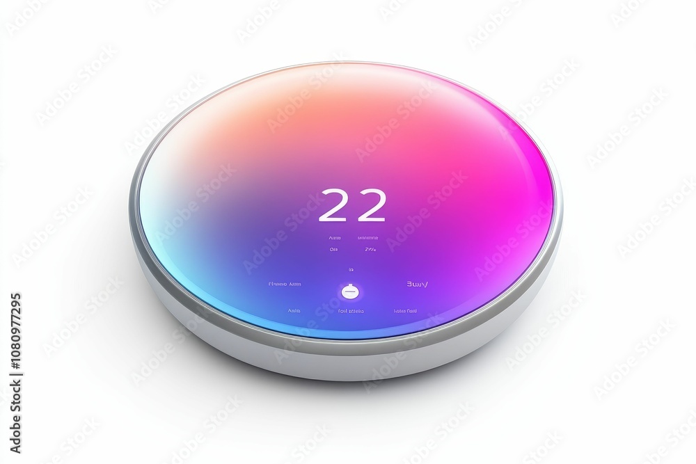 Poster circular smart device showing time and weather.