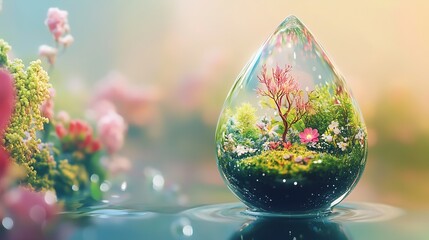A magical water droplet encapsulating a vibrant miniature garden.