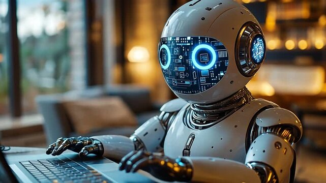 A futuristic robot engaging with a laptop in a cozy, modern workspace during the evening hours