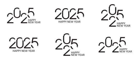 2025 Happy New Year logo gold text design set. 2025 luxury number design template. Big collection of 2025 Happy New Year symbols. Hand drawn vector illustration brush stroke numbers logo.
