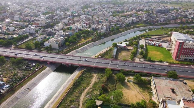 Aerial view of Bridge over Amanishah nala Dravyavati River a drain in Jaipur, Rajasthan