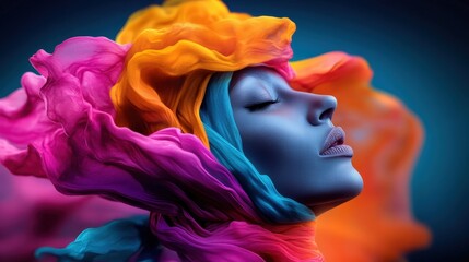 Fototapeta premium A vibrant and surreal portrait of a person with colorful, flowing fabric, capturing the ethereal beauty and imagination in an abstract, artistic composition.