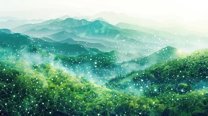 Misty mountain range with a network of white lines and dots.