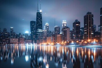 Obraz premium A panoramic view of the Chicago skyline at night, with tall skyscrapers reflecting in the calm water A beacon of light on the city skyline during the night