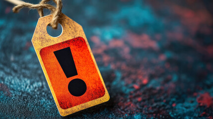 Exclamation mark, !. A vibrant tag featuring a bold exclamation mark, suggesting urgency or importance, against a textured, colorful background.