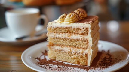 A piece of coffee tres leches cake on a white plate with teacups in the background